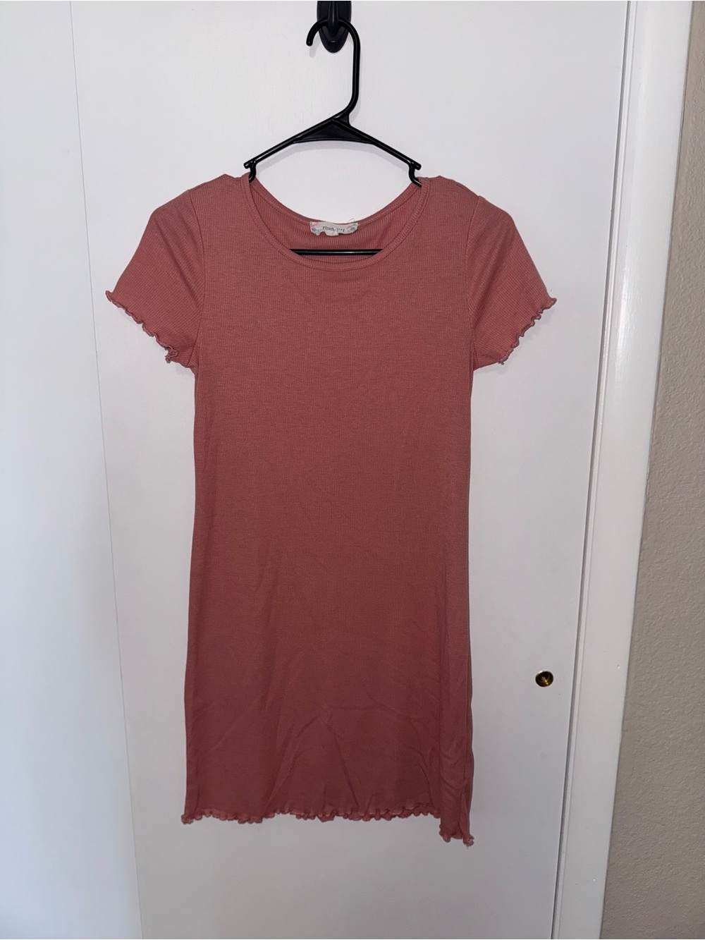 Pink Rose Ribbed Crewneck Mini Dress in Rose Mauve